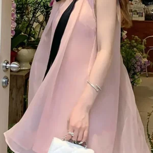 ชุดเดรสคอปกผูกโบว์ด้านหน้าแบบเรียบง่าย 2 ชั้น