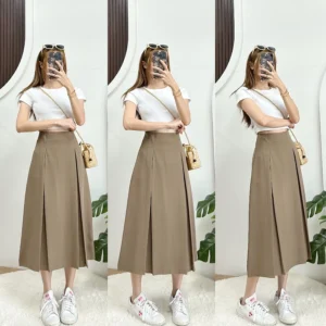 กระโปรงจีบยาวหน้า-หลัง ขอบเอวเรียบซิปหลัง ผ้าบาร์บี้เปเป้ เอวสูง