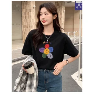 เสื้อยืดดอกไม้ผู้หญิงแขนสั้น