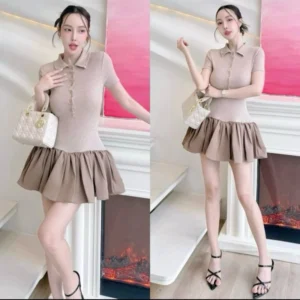 จั้มสูทกระโปรงแต่งจับจีบคอปกแขนสั้นกระดุมหน้า
