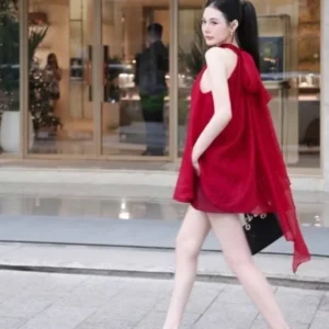 เดรสสั้น ทรงปล่อย สายผูกโบว์ คล้องคอ ผ้าชีฟอง