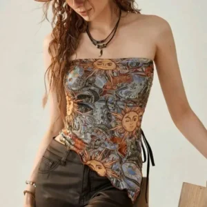 เสื้อเกาะ​อ​ก​ พิมพ์​ลายพระอาทิตย์​ เชือ​กรูด​ข้าง สไตล์​โบฮี​เมียน​